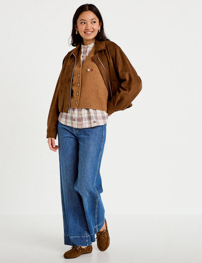 Gilet sans manches col v broderie marron femme