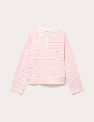 Polo manches longues col chemise rose poudr&eacute;e femme
