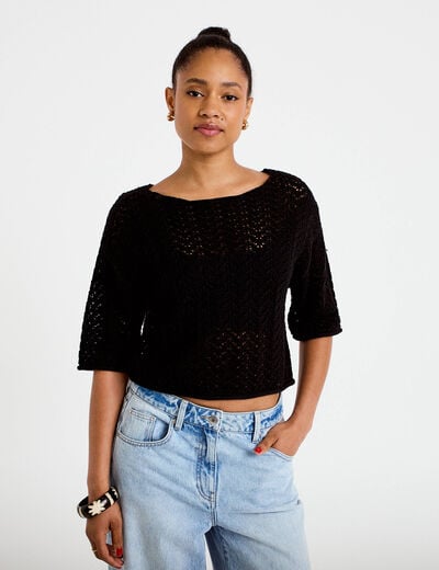 Pull ajour&eacute; aspect dentelle col rond noir femme