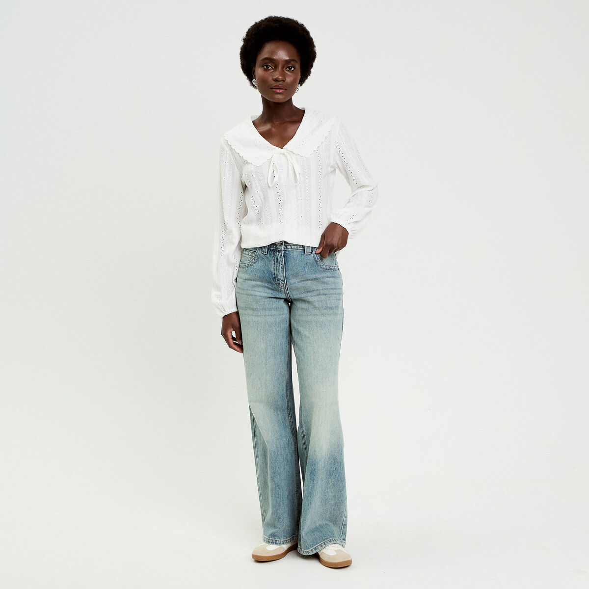 Blouse ajour&eacute;e col claudine dentelle ecru femme