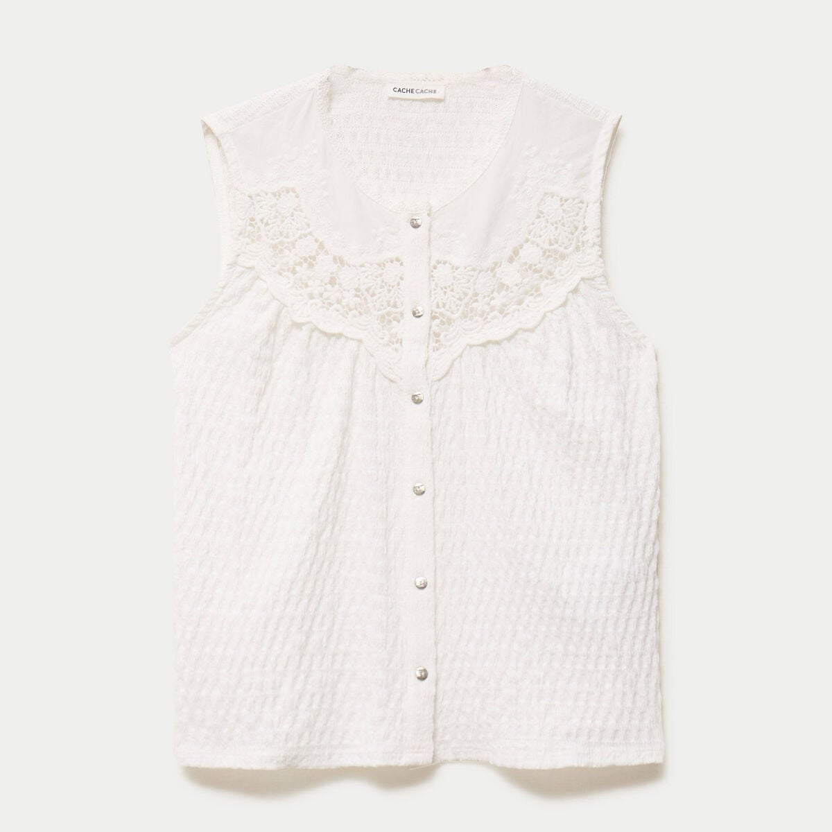 Blouse sans manches plastron brod&eacute; ecru femme