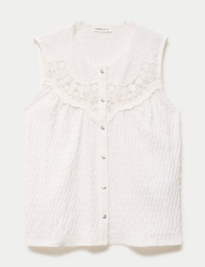 Blouse sans manches plastron brod&eacute; ecru femme