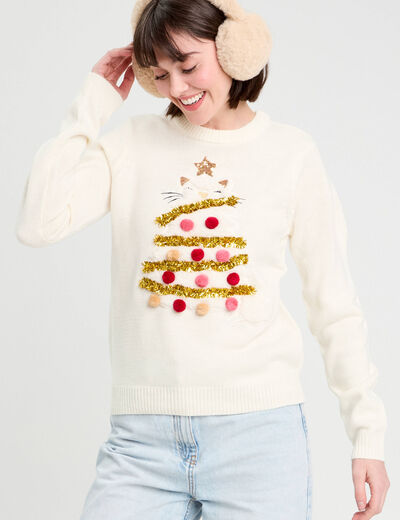 Pull pompons et guirlandes ecru femme