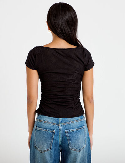 T-shirt ajust&eacute; dentelle col bateau noir femme