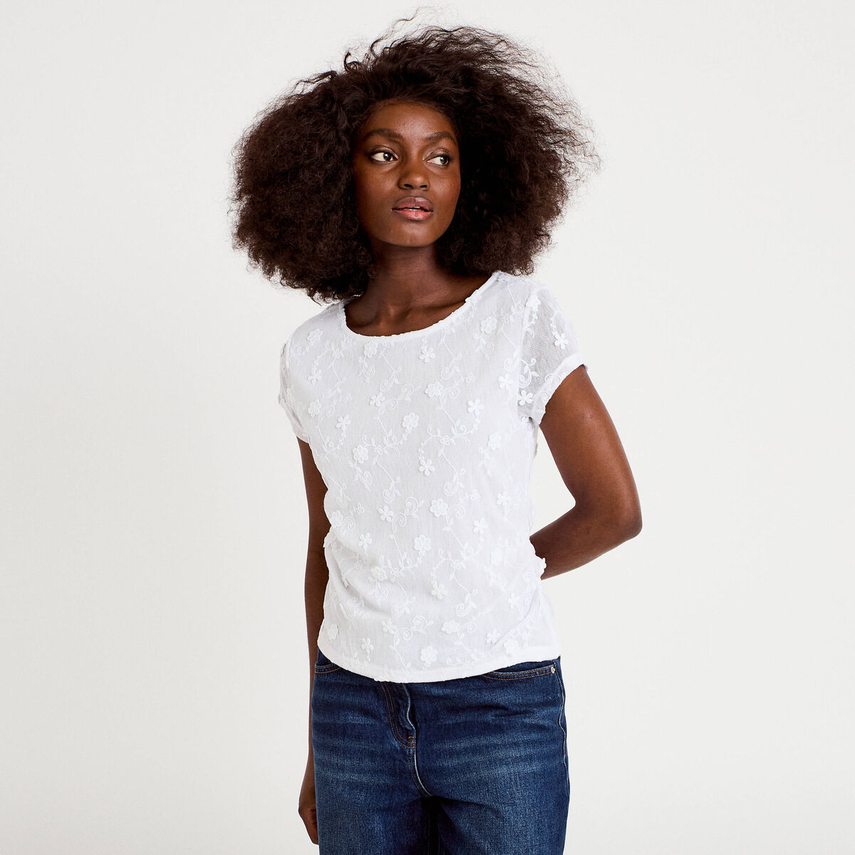 T-shirt ajust&eacute; col rond dentelle blanc femme