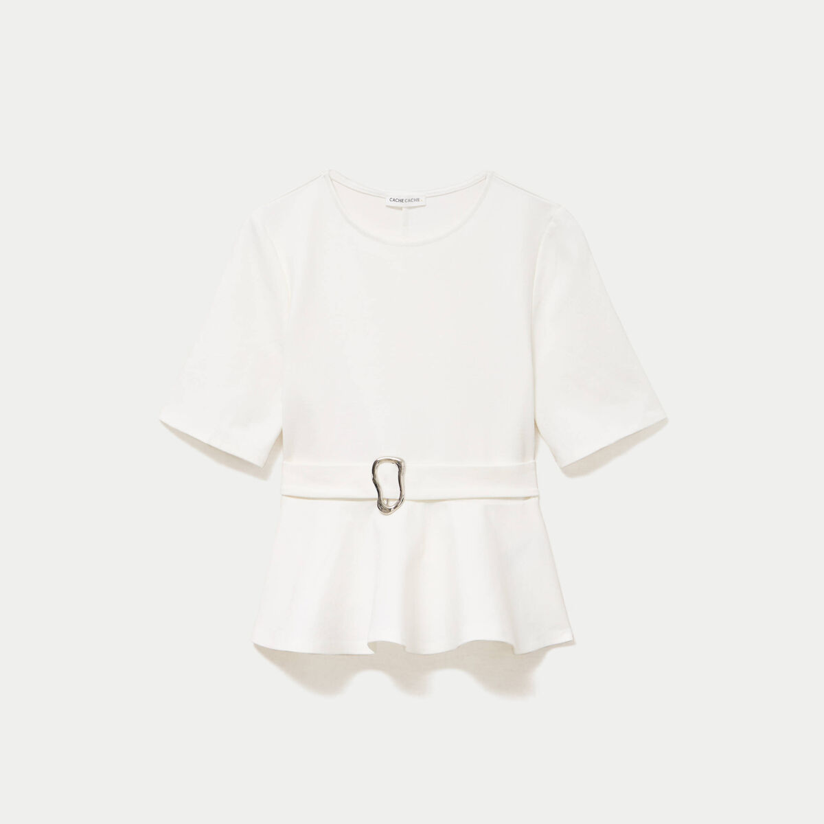 Top p&eacute;plum ceintur&eacute; manches courtes ecru femme