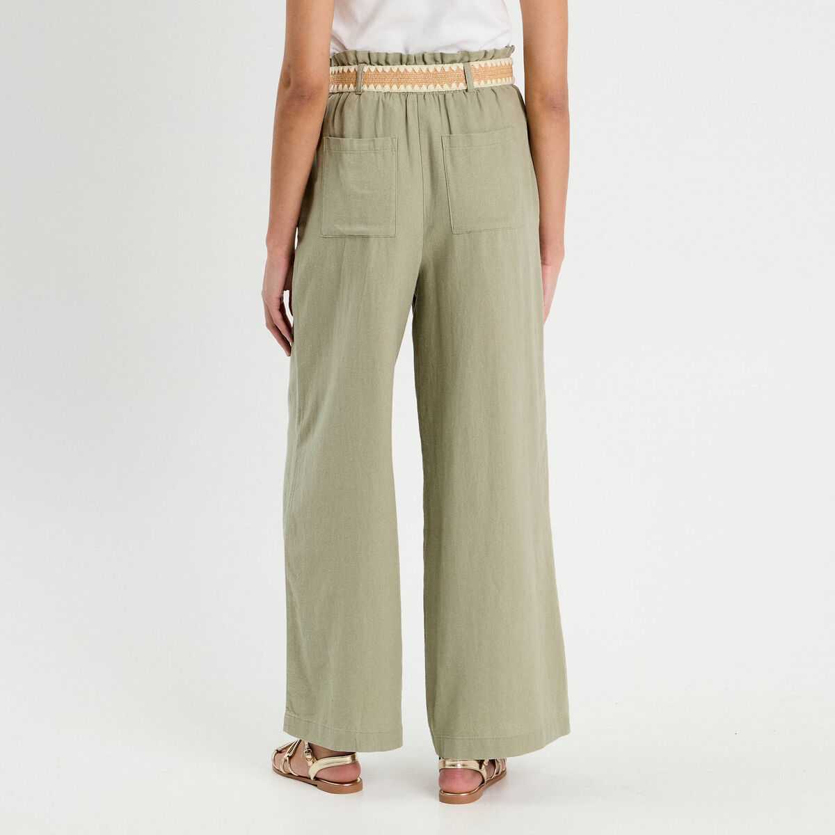 Pantalon large ceintur&eacute; contenant du lin vert kaki femme