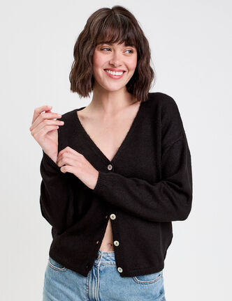 Gilet boutonn&eacute; avec col en V noir femme