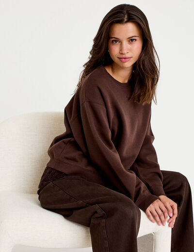 Sweat droit col rond d&eacute;tail dentelle marron fonc&eacute; femme