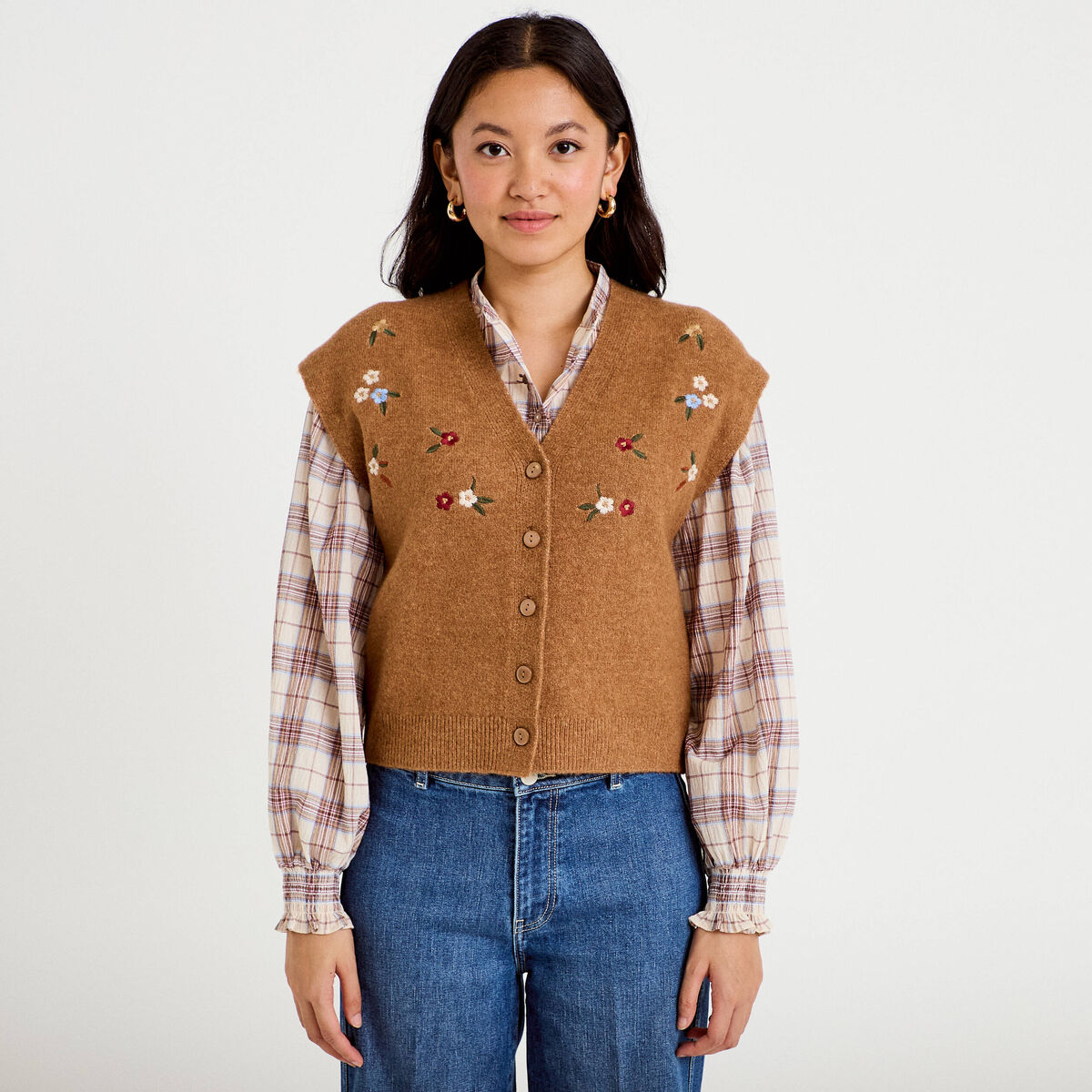 Gilet sans manches col v broderie marron femme