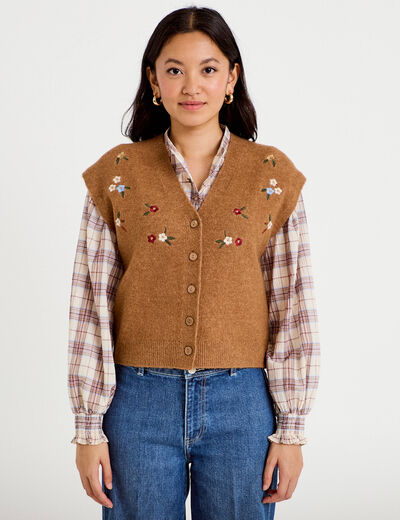 Gilet sans manches col v broderie marron femme