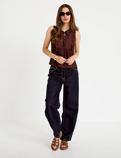 Blouse sans manches col v marron femme
