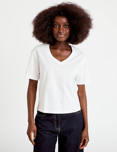T-shirt col v manches courtes ecru femme