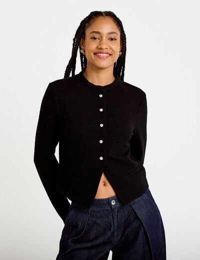 Veste tweed droite cropped col rond noir femme