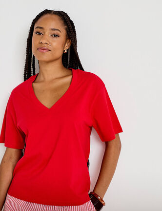 T-shirt col v manches courtes rouge femme
