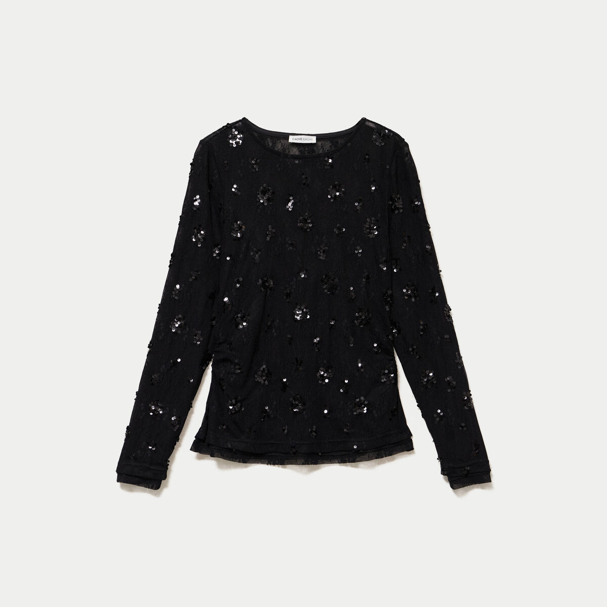 T-shirt ajust&eacute; col rond brod&eacute; perles noir femme
