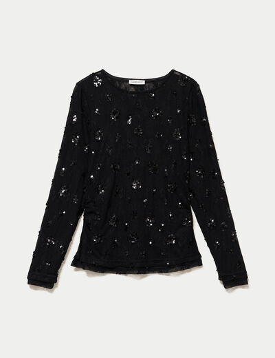 T-shirt ajust&eacute; col rond brod&eacute; perles noir femme