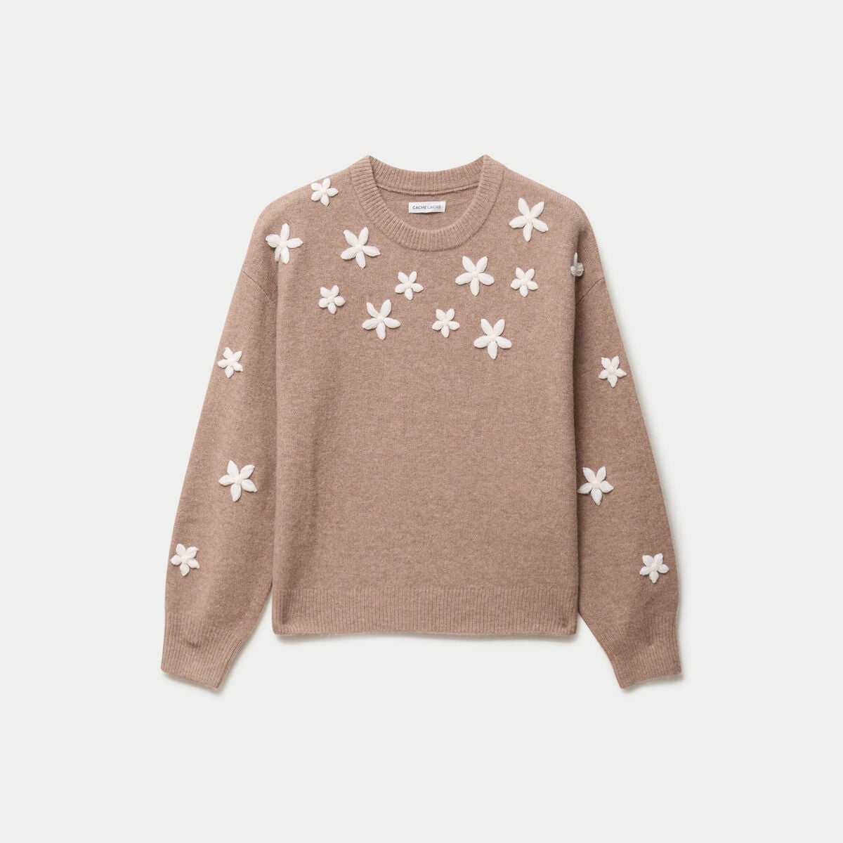 Pull oversize brod&eacute; manches longues beige femme