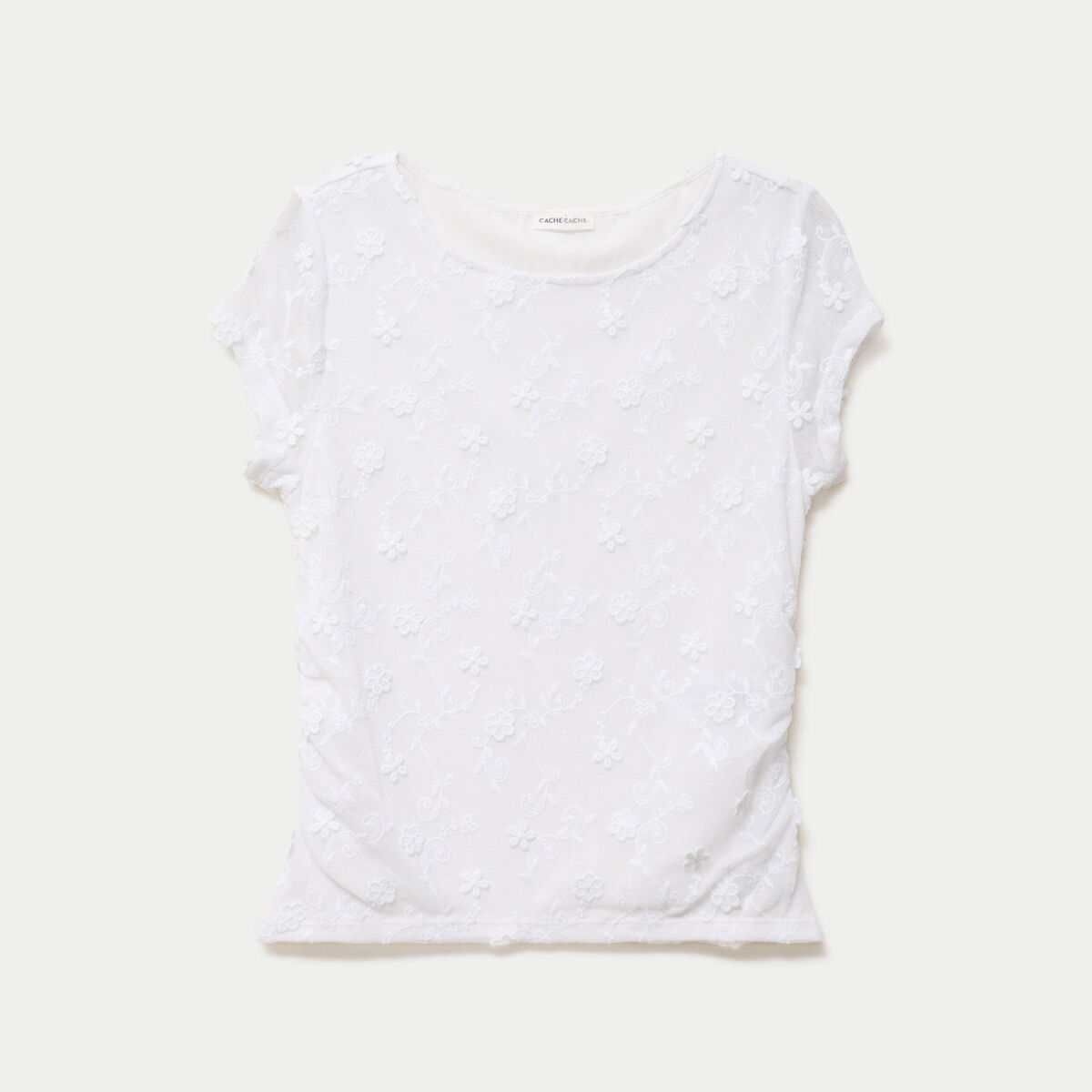 T-shirt ajust&eacute; col rond dentelle blanc femme