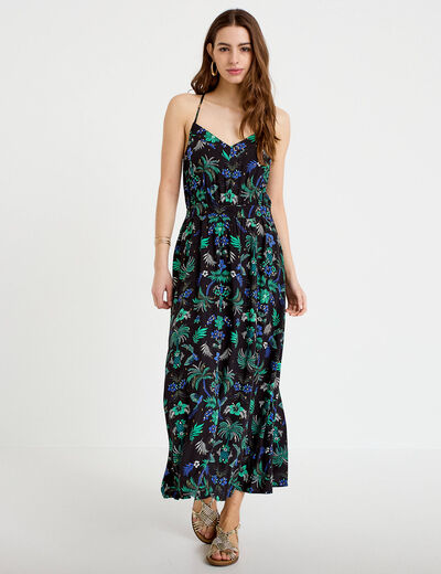 Robe &eacute;vas&eacute;e 3/4 col v bretelles fines noir femme