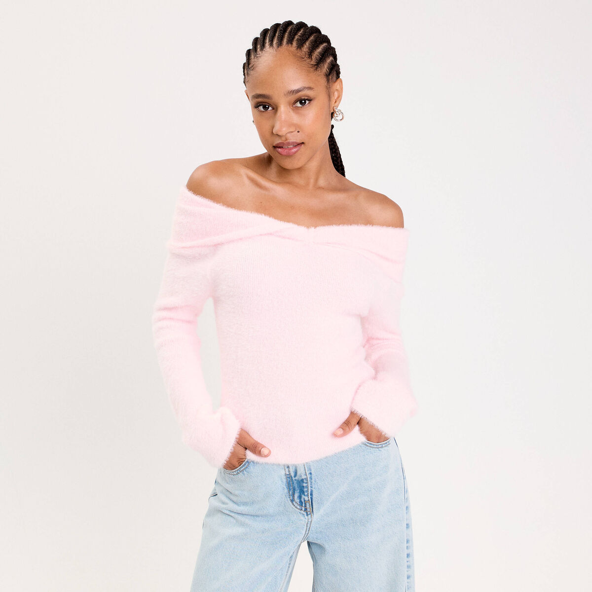 Pull ajust&eacute; col bardot manches longues rose clair femme