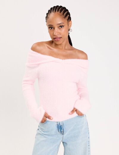 Pull ajust&eacute; col bardot manches longues rose clair femme