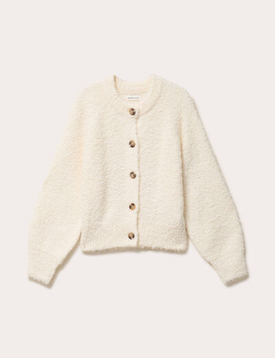 Gilet bouclette col rond manches longues ivoire femme