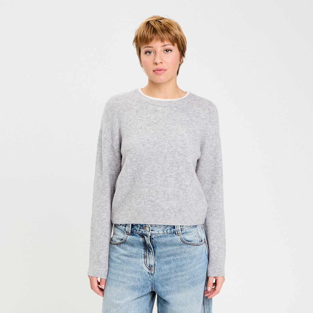 Pull col rond manches longues gris clair femme