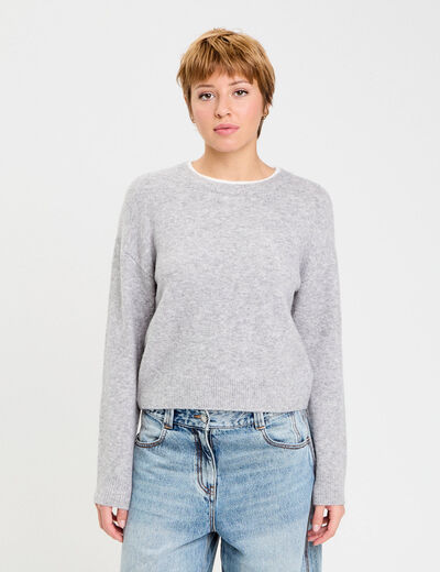 Pull col rond manches longues gris clair femme