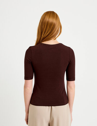 T-shirt ajust&eacute; col rond manches courtes marron fonc&eacute; femme