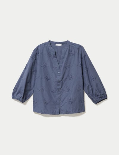 Blouse brod&eacute;e col mao manches 3/4 bleu gris femme