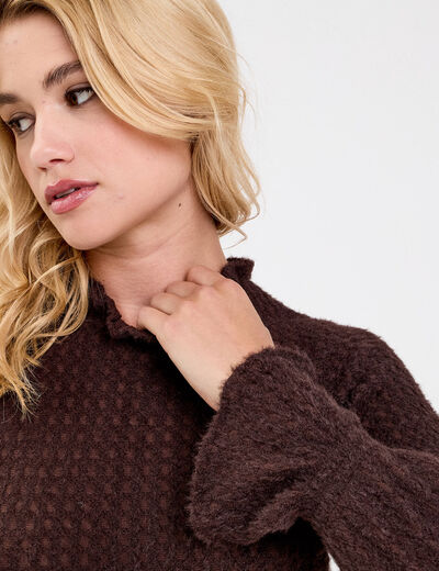 Blouse ajour&eacute;e manches longues marron fonc&eacute; femme