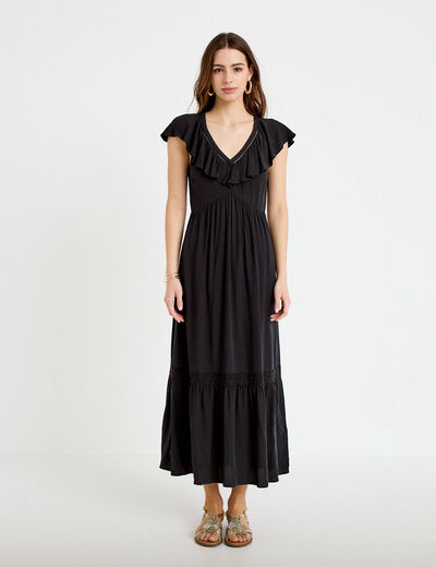Robe longue &eacute;vas&eacute;e col v manches courtes noir femme