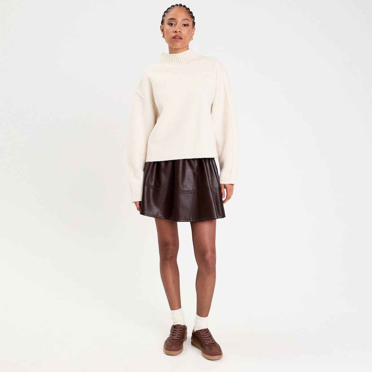 Jupe patineuse en similicuir marron fonc&eacute; femme