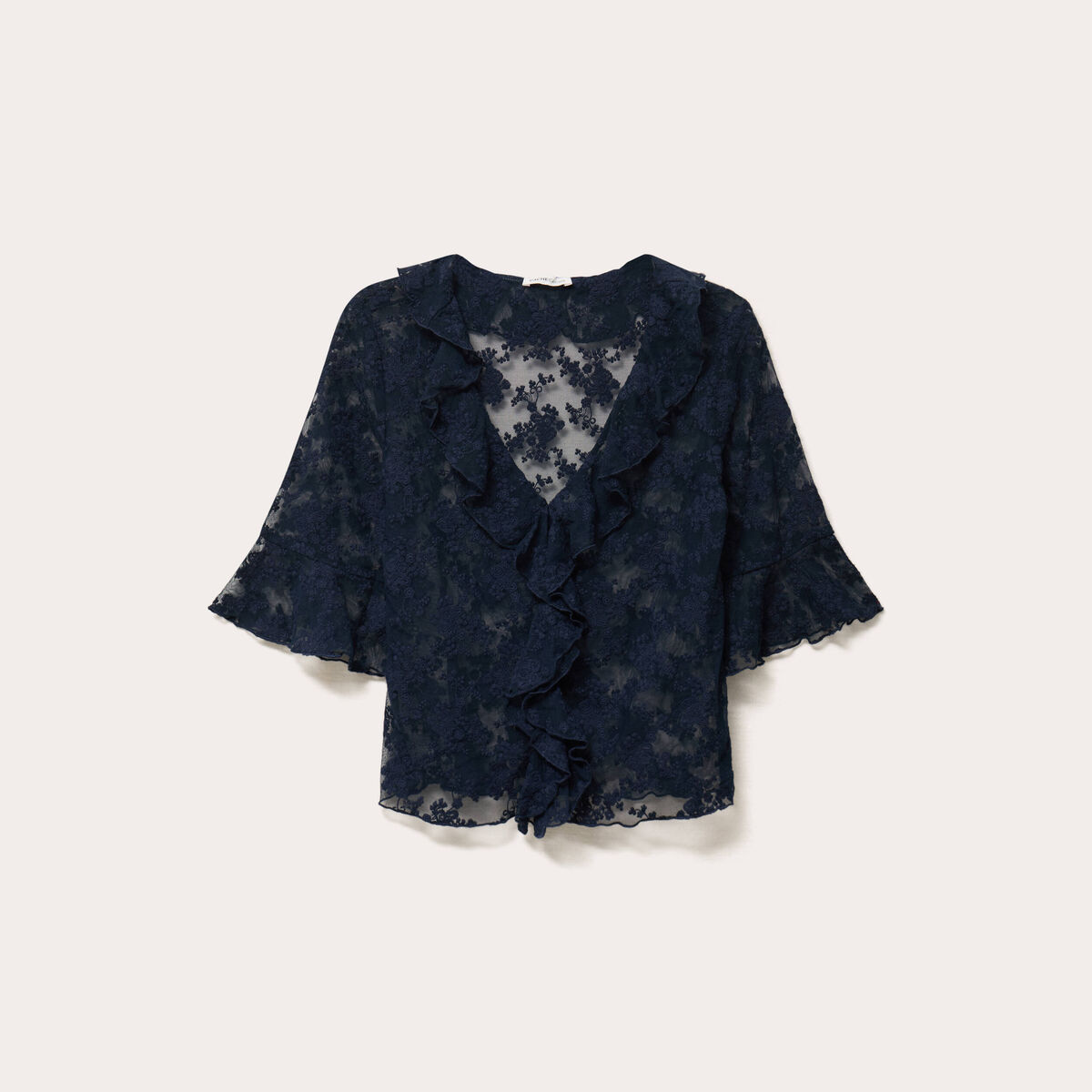 Blouse dentelle &agrave; volants bleu marine femme