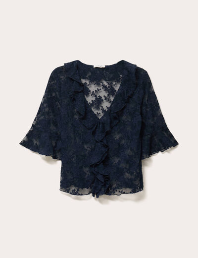 Blouse dentelle &agrave; volants bleu marine femme