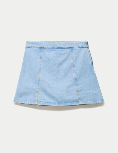 Jupe-short trap&egrave;ze en jean denim bleach femme