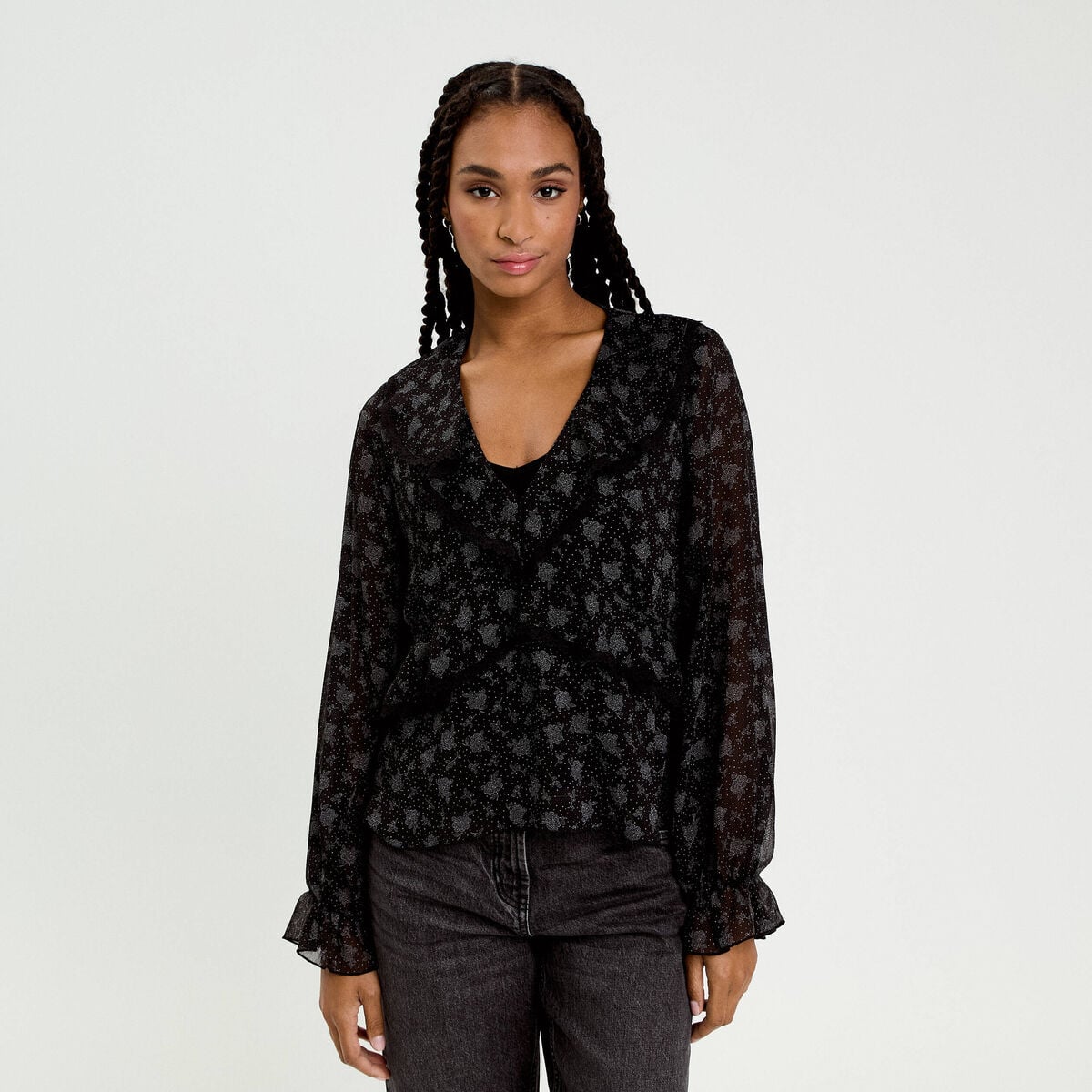 Blouse droite courte manches longues noir femme