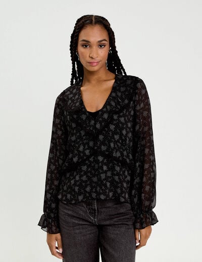 Blouse droite courte manches longues noir femme