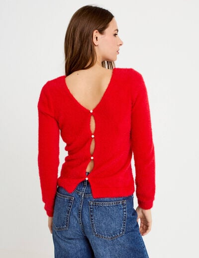 Pull col v manches longues perles rouge femme