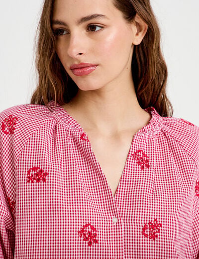Blouse col v manches 3/4 broderie rouge femme