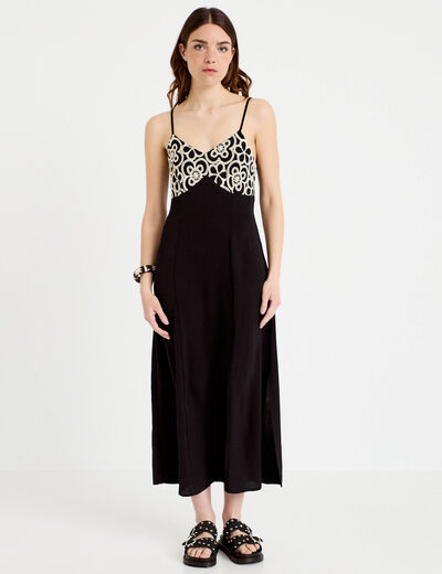 Robe longue droite col v bretelles fines noir femme