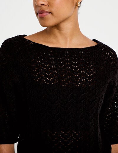 Pull ajour&eacute; aspect dentelle col rond noir femme
