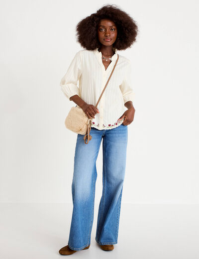 Blouse broderie col v manches 3/4 ecru femme