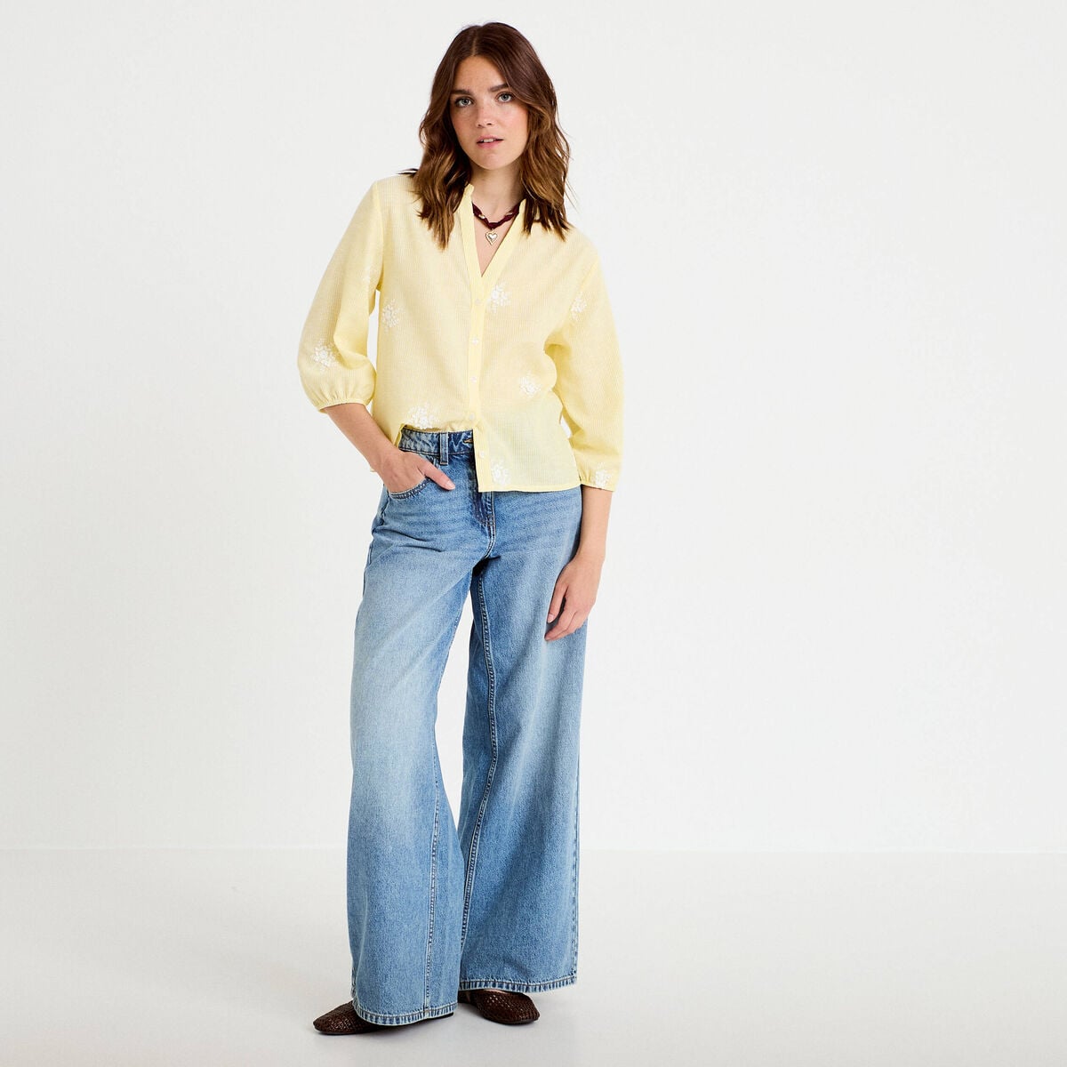 Blouse col tunisien jaune femme