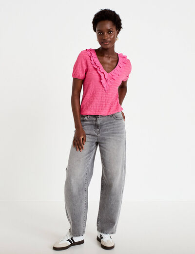 Blouse pliss&eacute;e col v manches courtes rose fushia femme