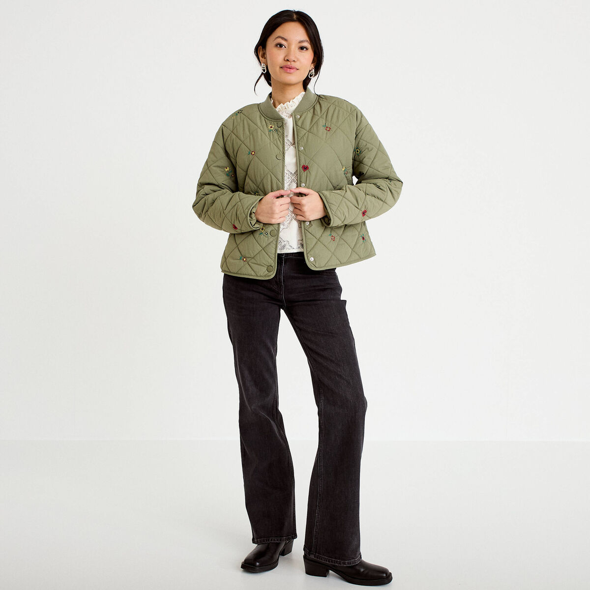 Veste matelass&eacute;e brod&eacute;e vert kaki femme
