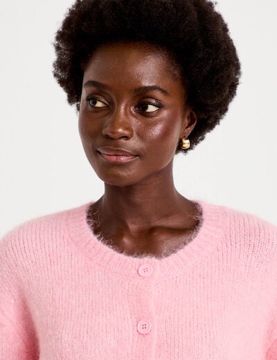 Gilet ample col rond manches longues rose femme