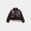Doudoune cropped similicuir col montant marron fonc&eacute; femme