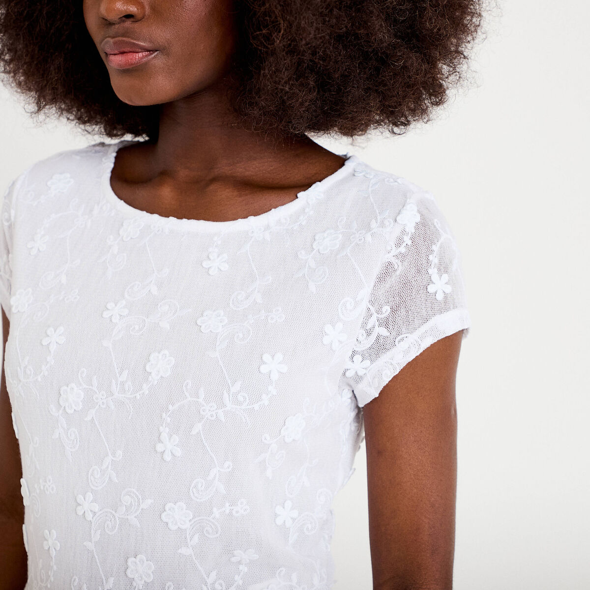 T-shirt ajust&eacute; col rond dentelle blanc femme